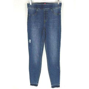SPANX Size Medium Mid Rise Distressed Raw Hem Pull On Skinny Ankle Jeans Blue
